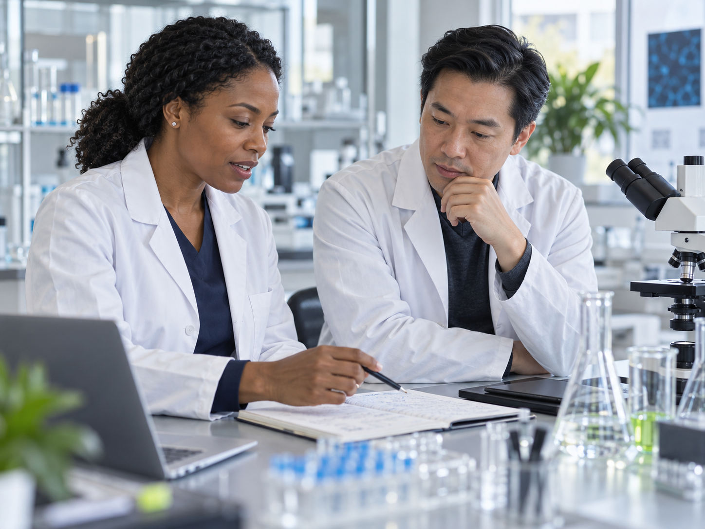 Two laboratory professionals reviewing research notes